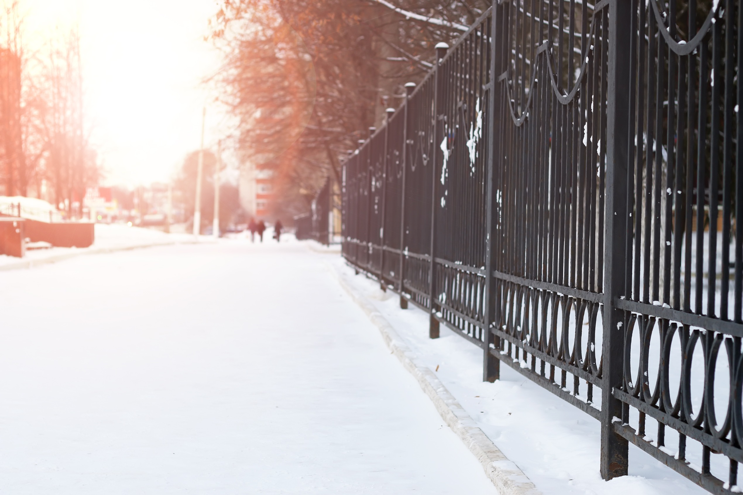 metal fence in winter with sunset