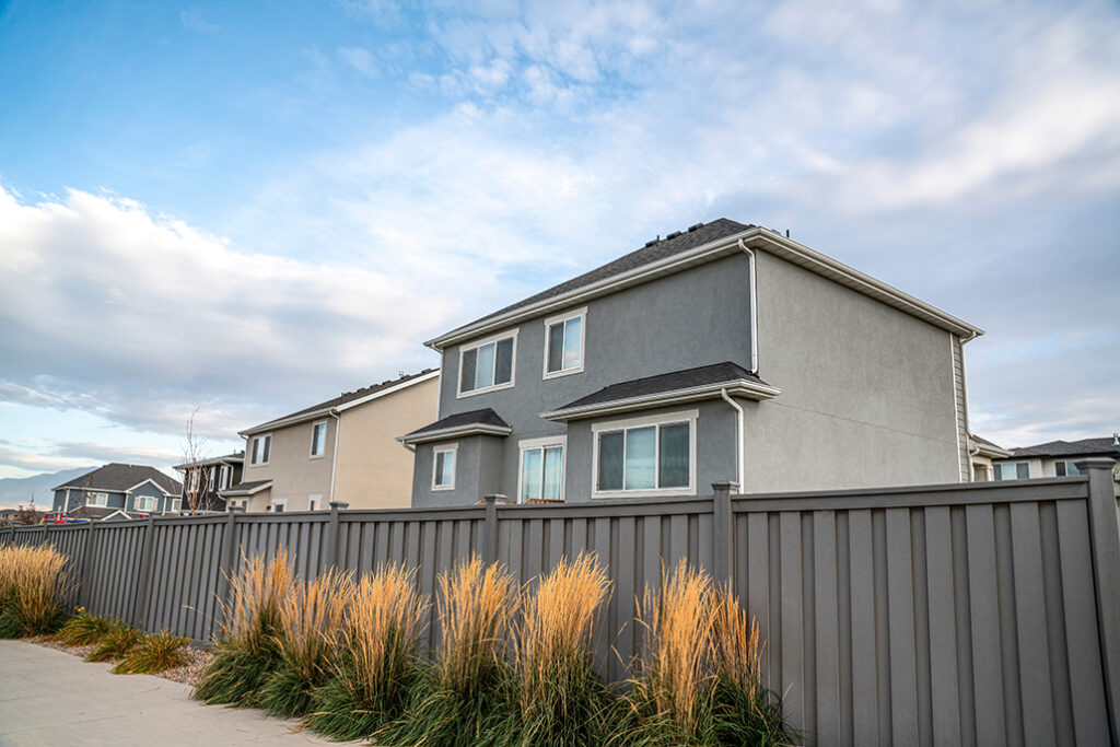 Tall grasses against the gray vinyl fence of a residential area. There are huge two storey houses with windows covered by the fence.